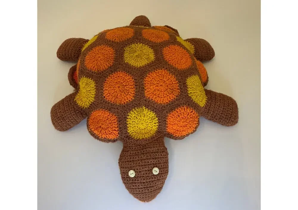 Vintage Handmade Crochet Turtle Pillow Plush Orange Brown Retro Boho Decor
